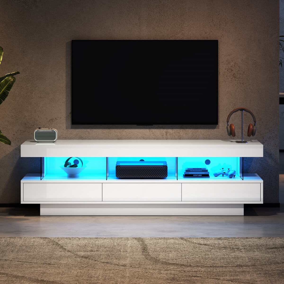 High Gloss LED TV Stand 160cm – 3 Drawers and 3 Open Storage Spaces, Living Room or Bedroom