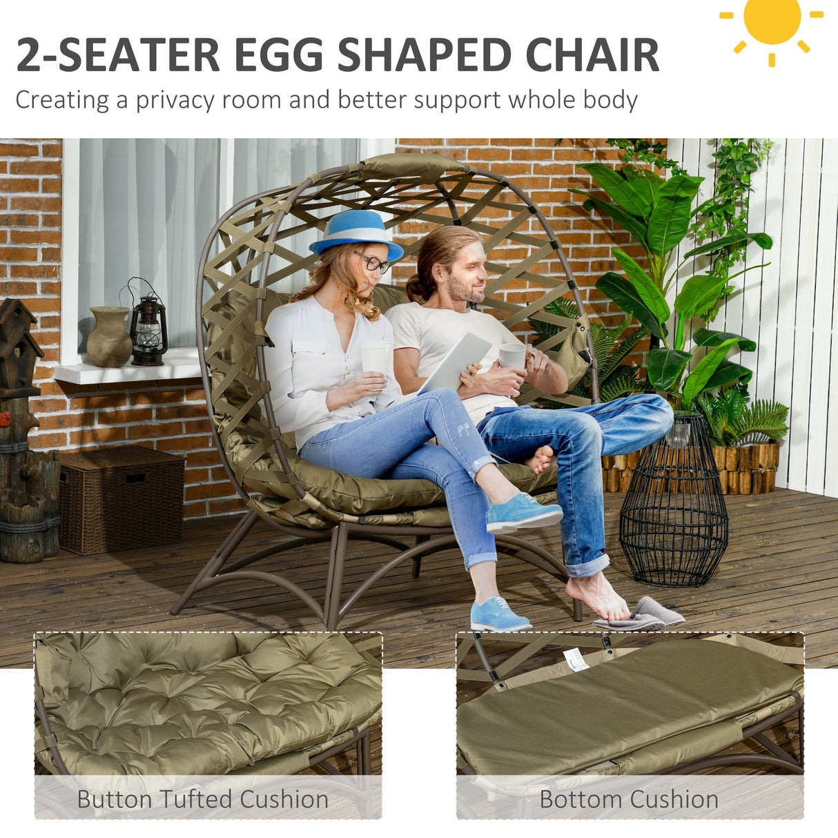 2 Seater Egg Chair Outdoor, Folding Weave Garden Furniture with Cushion, Khaki