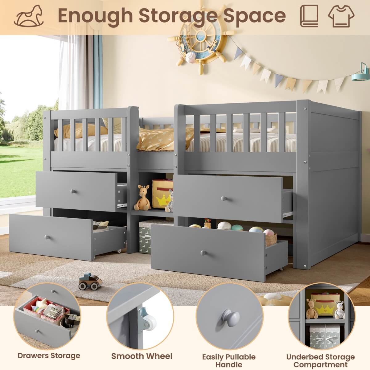 3ft Single Kids Low Loft Bed with Storage Drawers – Grey Solid Wood Space-Saving Bed Frame with Guardrail