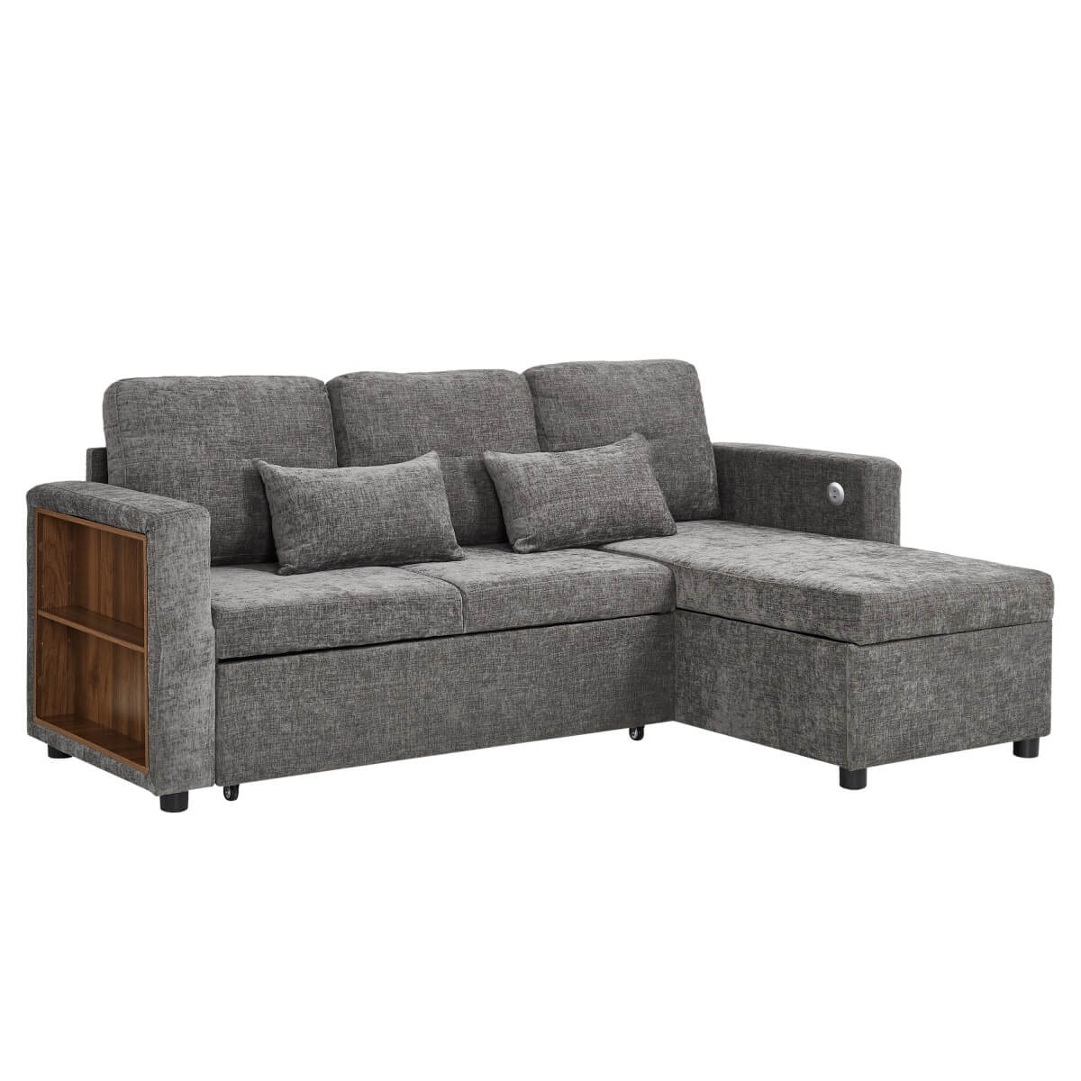 3-in-1 L-Shaped Sofa Bed - Grey Chenille Sectional Sleeper with Storage Chaise and USB/Type-C Charging