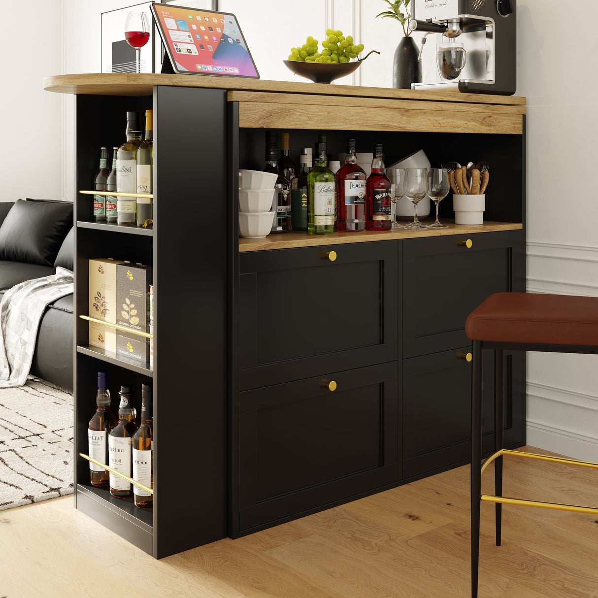 360¡ã Swivelling Bar Table (Main Body 105 x 39 x 102 cm), with 4 Drawers and Open Shelves, Suitable for Dining Room/Study/Living room etc.