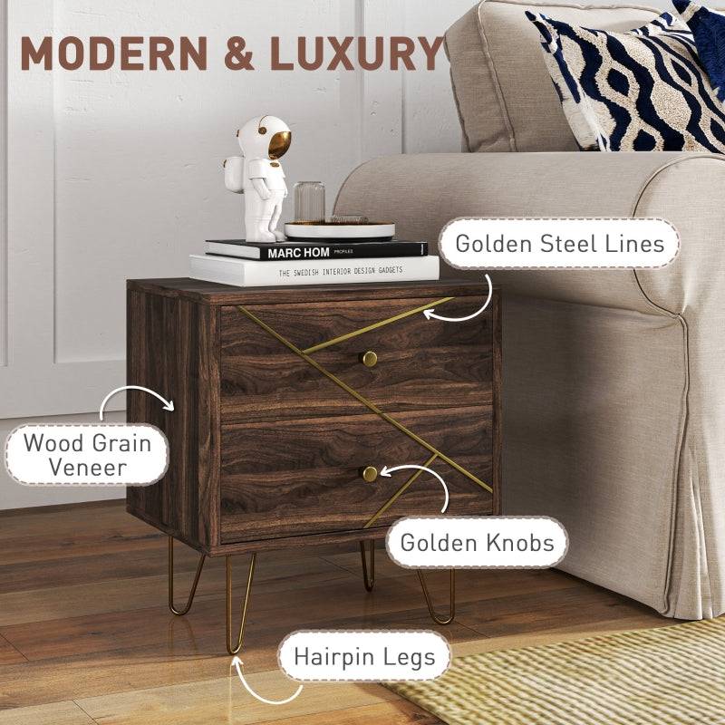 Bedside Tables, Modern Set of 2 with 2 Drawers and Steel Hairpin Legs, Brown Wood Grain