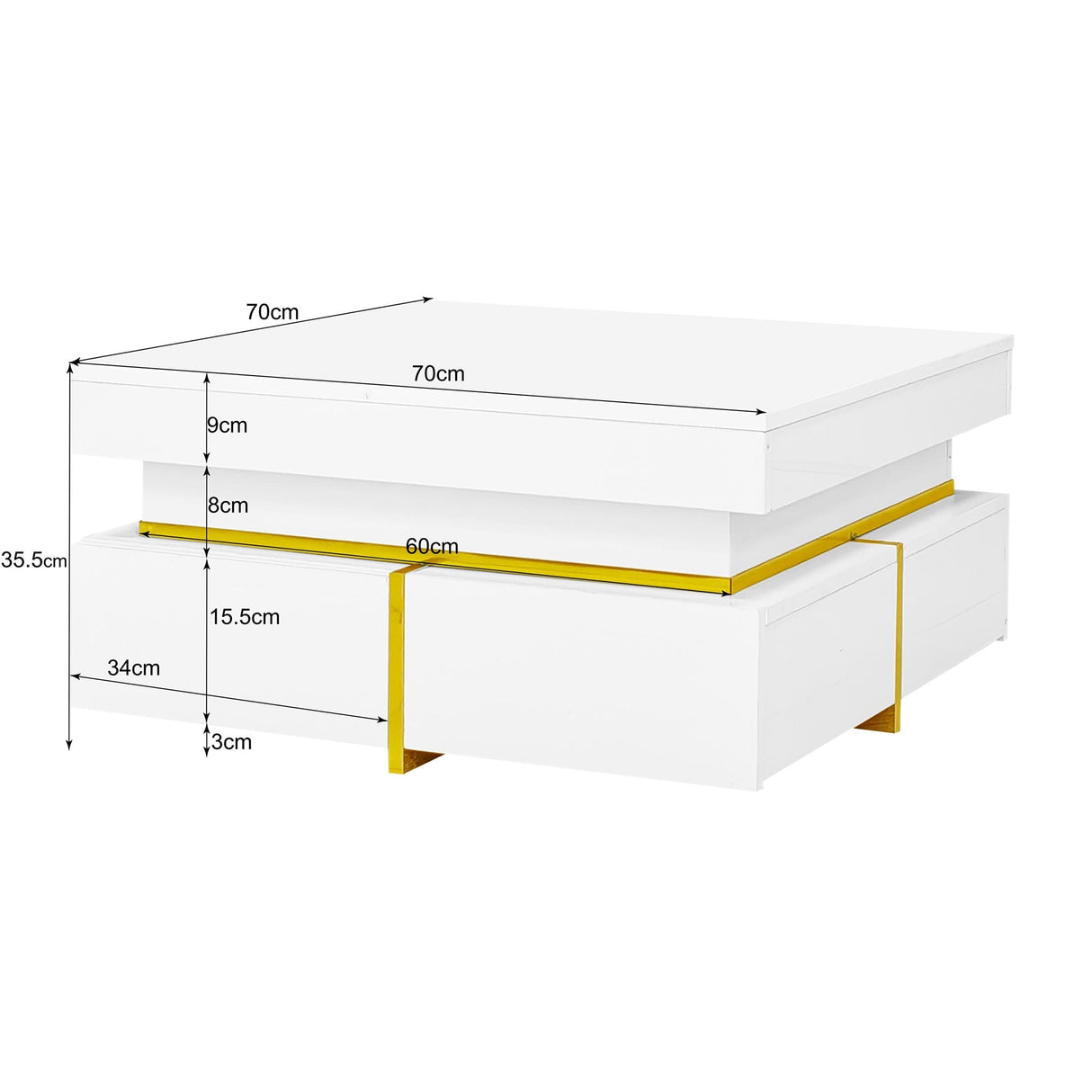 Coffee Table, High-Gloss, Drawers and Gold Accents