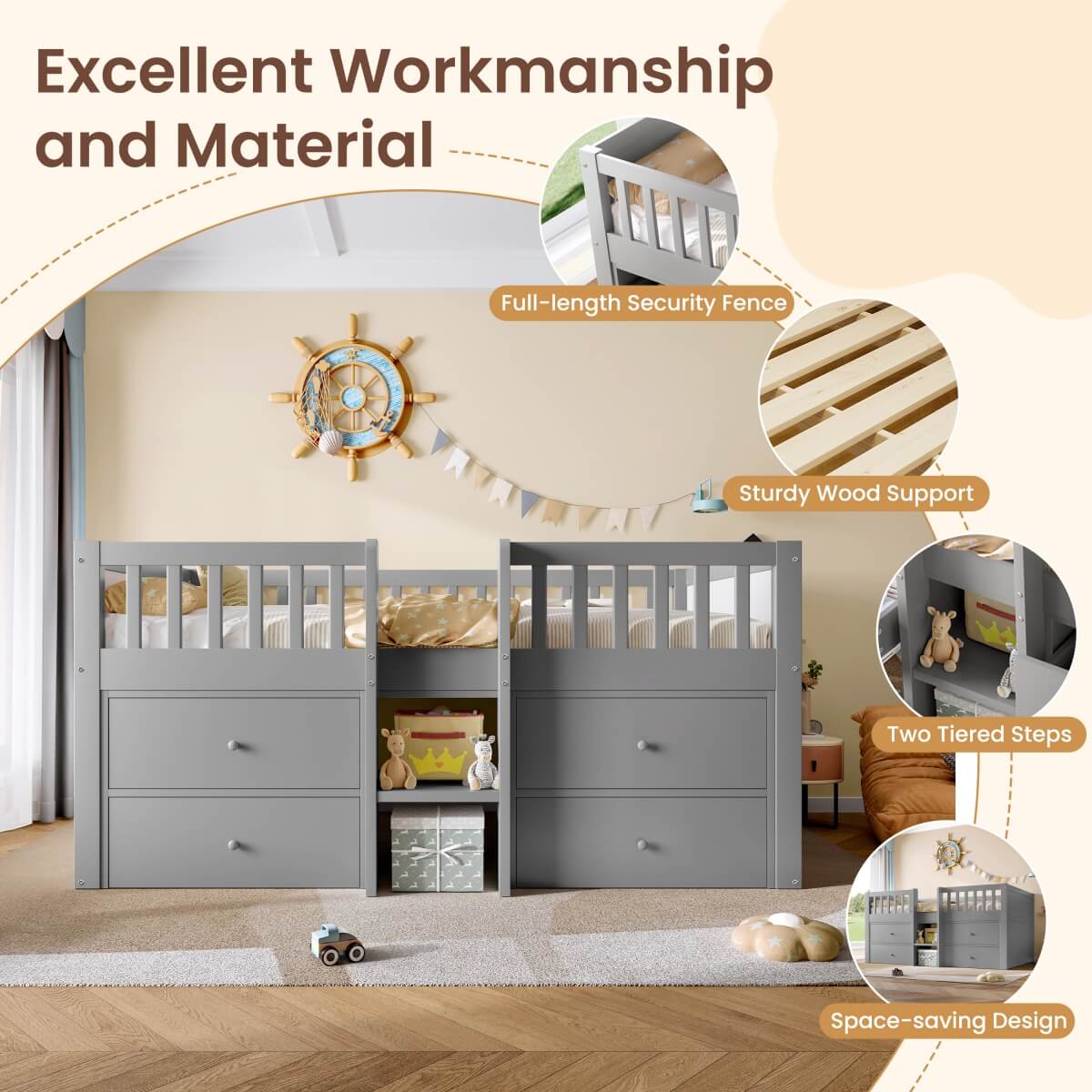 3ft Single Kids Low Loft Bed with Storage Drawers – Grey Solid Wood Space-Saving Bed Frame with Guardrail