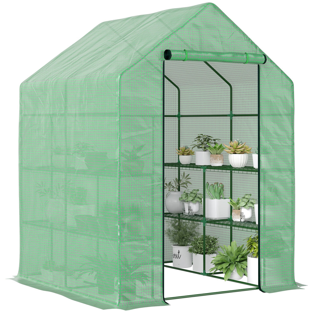 Walk in Greenhouse with Shelves, Steeple, Removable Cover, Green