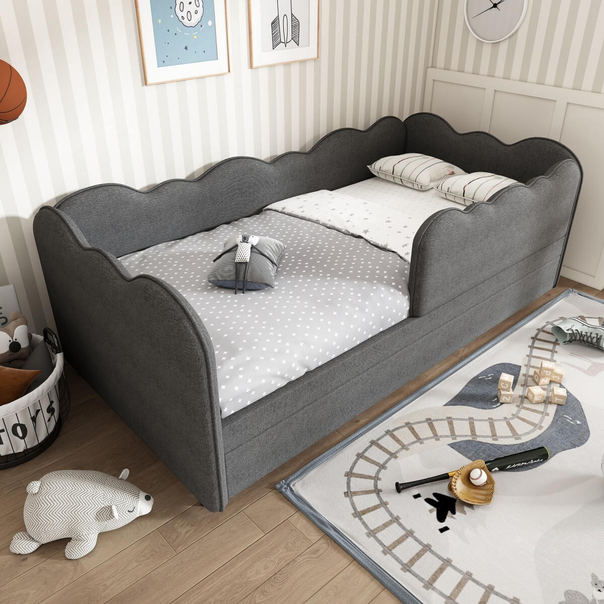3ft Single Upholstered Daybed with Pull-Out Trundle - Linen Grey Bed for Adults & Children