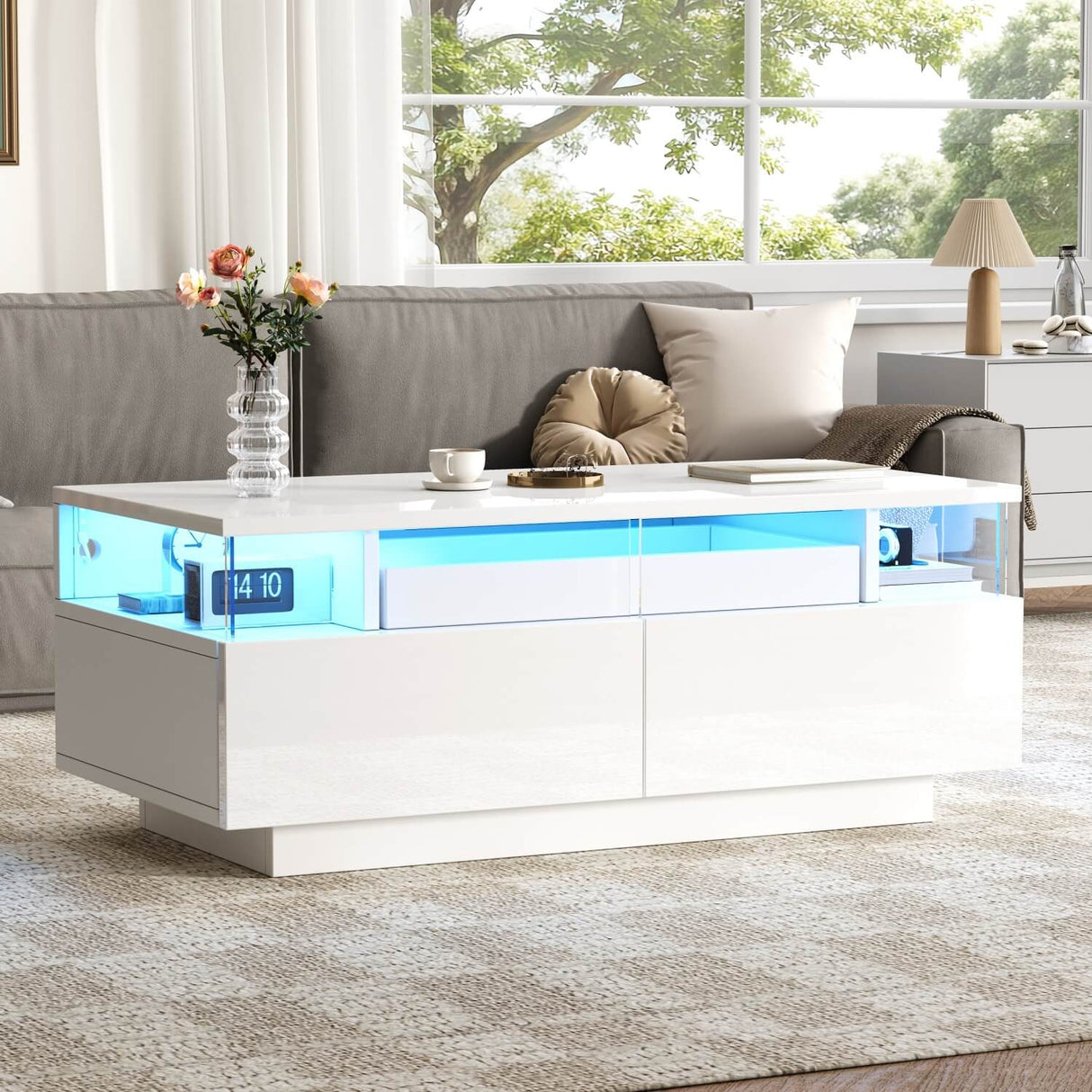 High Gloss Coffee Table – White Centre Table with 2 Drawers, LED Lights and Pull-Out Tray