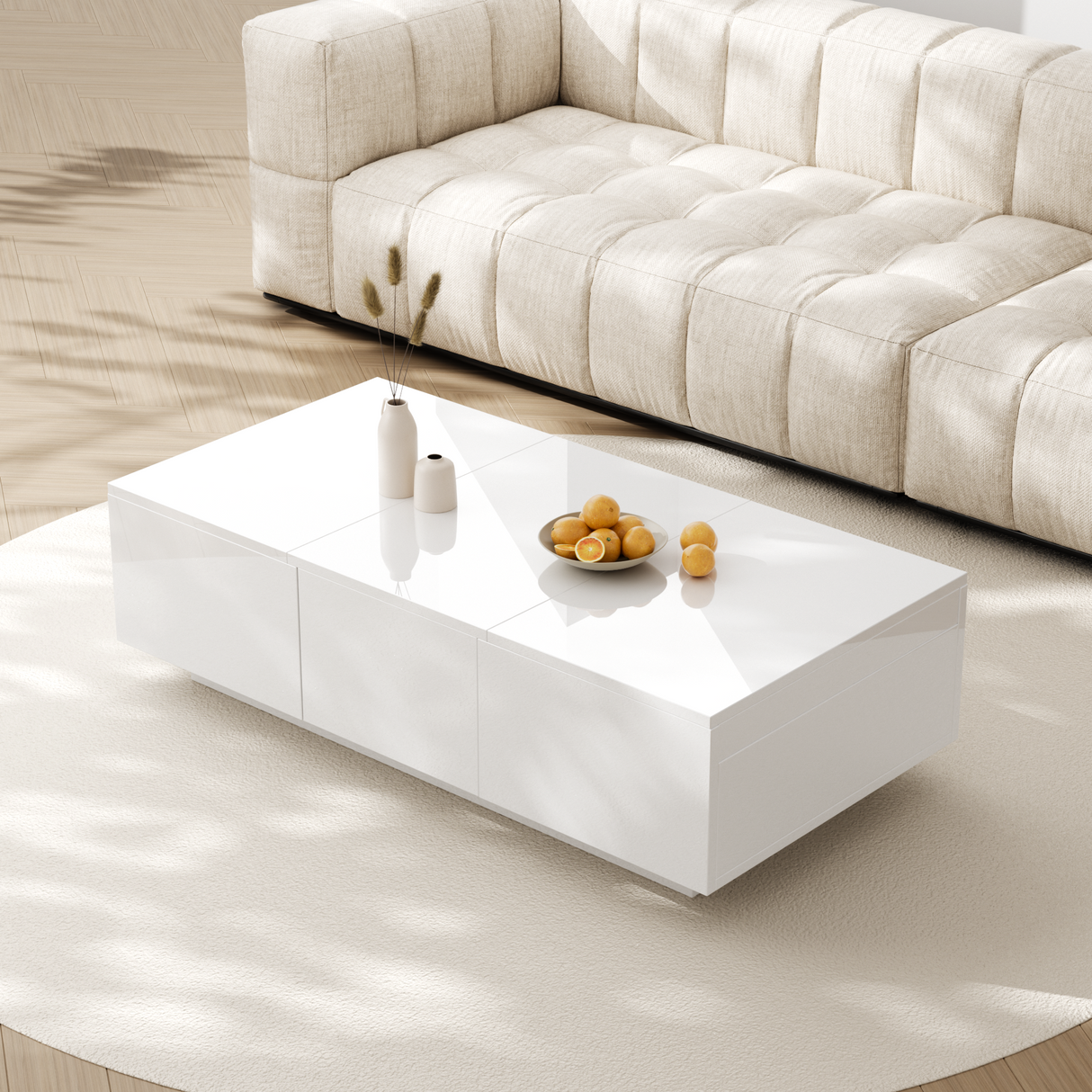 Coffee Table, High-Gloss Living Room with Push-Pull Storage, White