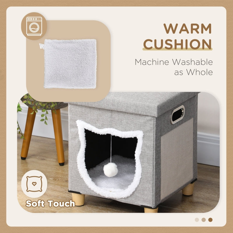 Cat House Cave Bed, Cube with Scratching Pad & Washable Cushion, Grey