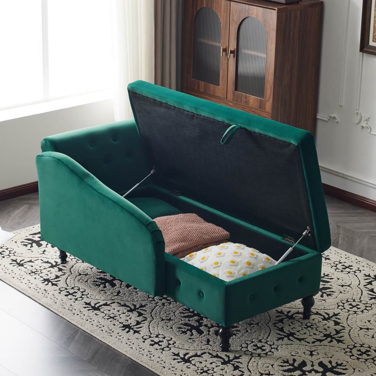 Velvet Chaise Lounge with Storage - Tufted Upholstered Sofa, Right Armrest, Green