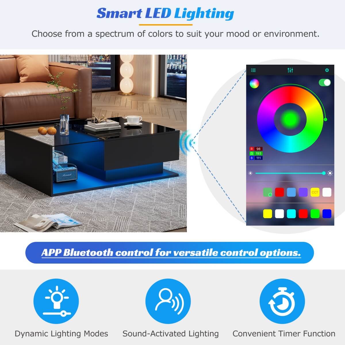 LED Coffee Table with Drawer - High Gloss, Glass Top, Black