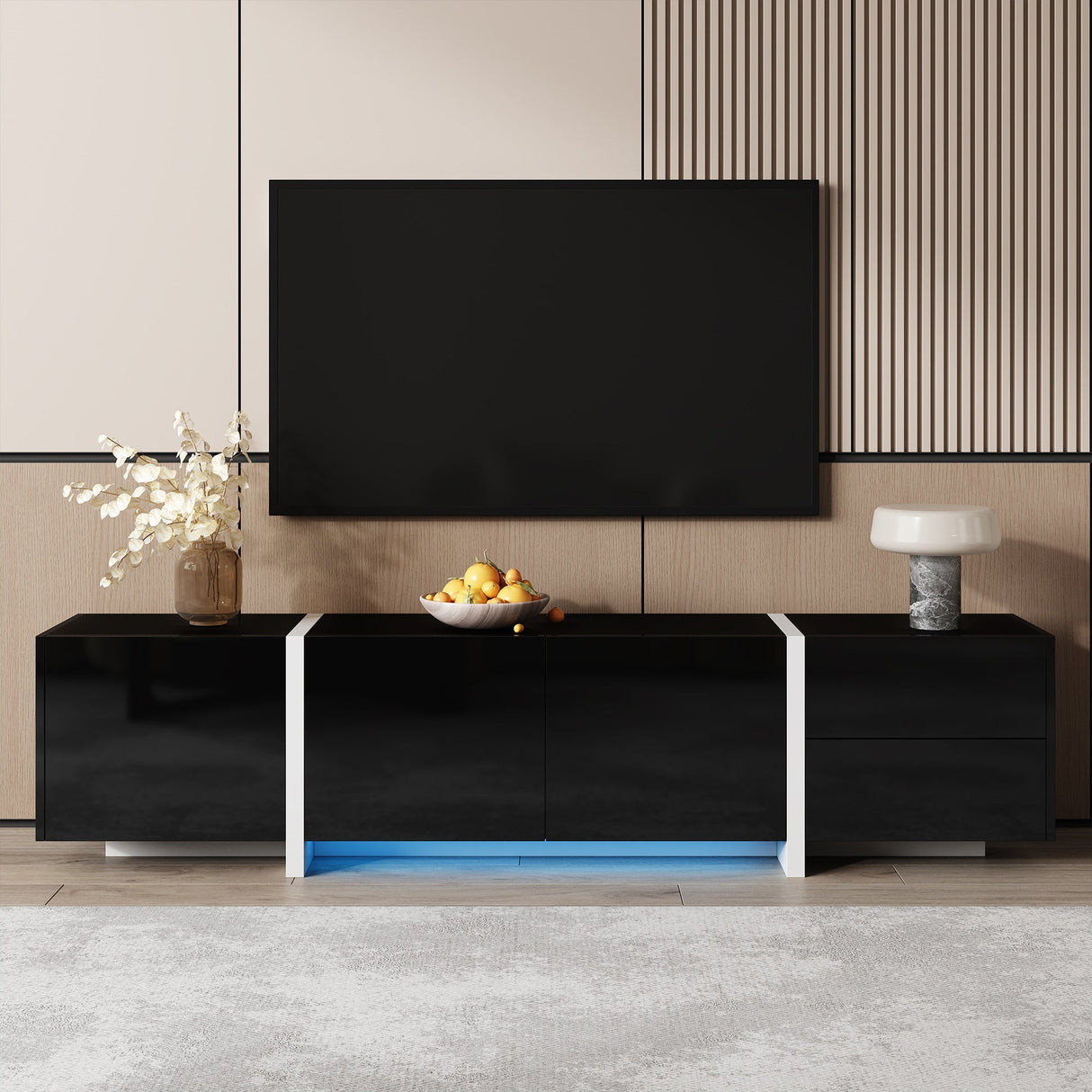 TV Cabinet, High-Gloss with Doors & Drawers, Black & White