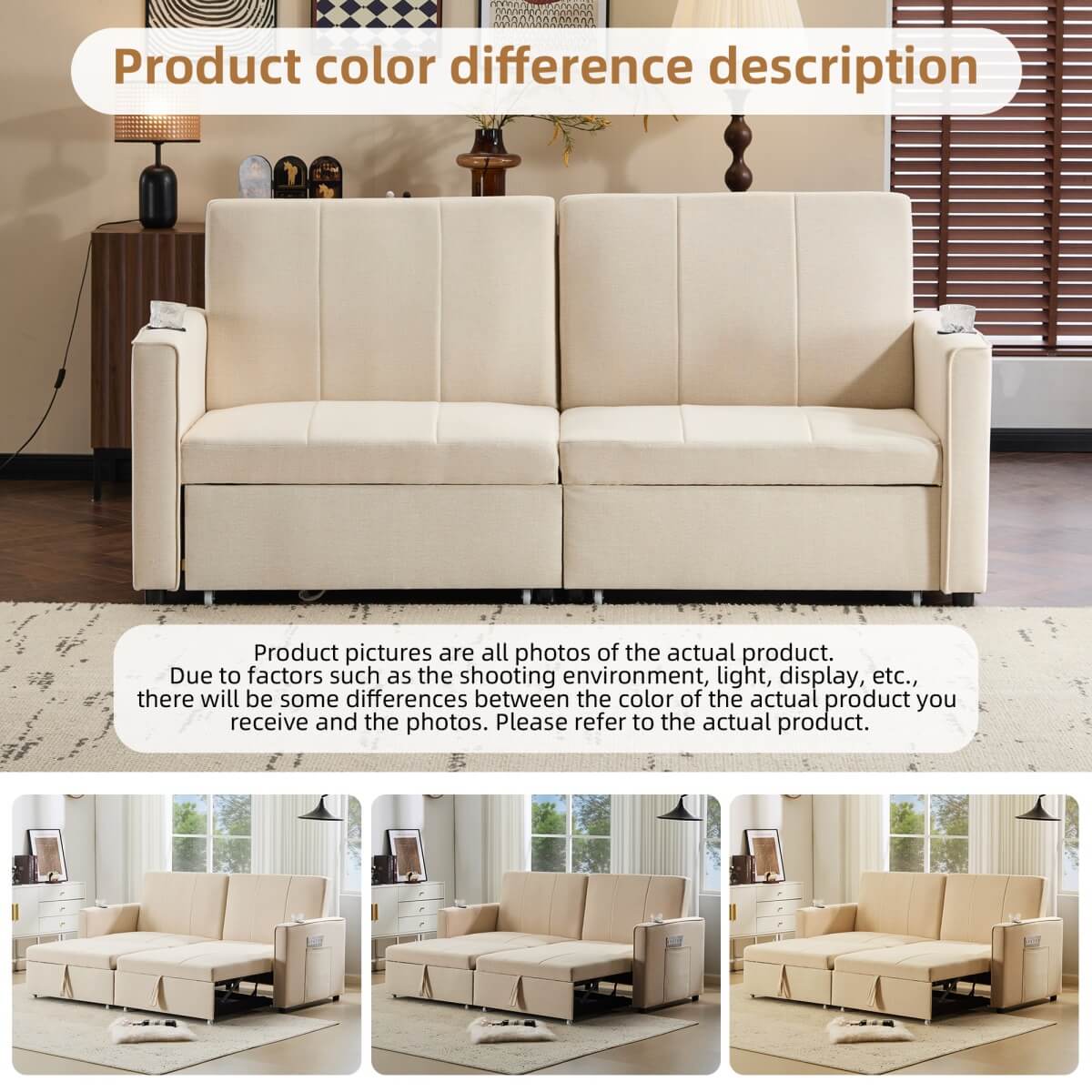 King Size Pull Out Sofa Bed - Convertible Fabric Sofa with Cup Holders and Side Pockets