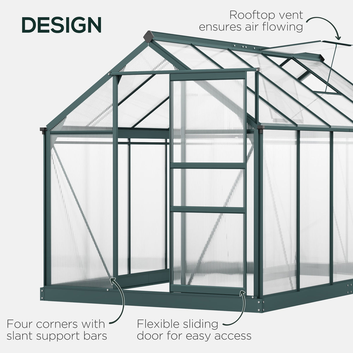 6 x 10ft Polycarbonate Greenhouse, Walk-In with Slide Door and Window, Dark Green