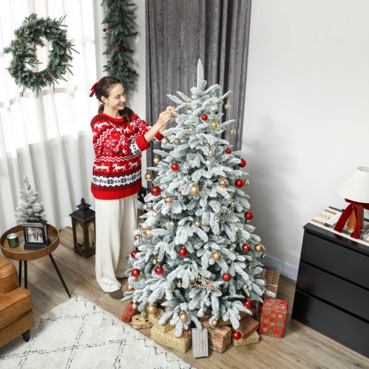 6FT Artificial Flocked Christmas Tree - Full PVC Branches, Hinged Design, Foldable Metal Stand, Easy Assembly