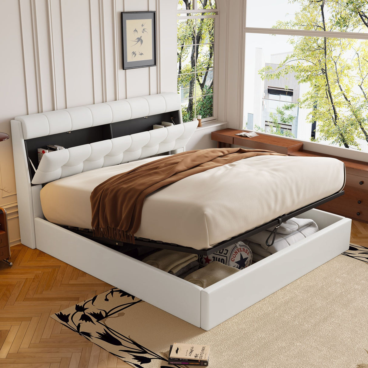 Fashion Upholstered Bed, King Size 150x200cm, Hydraulic with Concealed Headboard Storage, PU, Cream White
