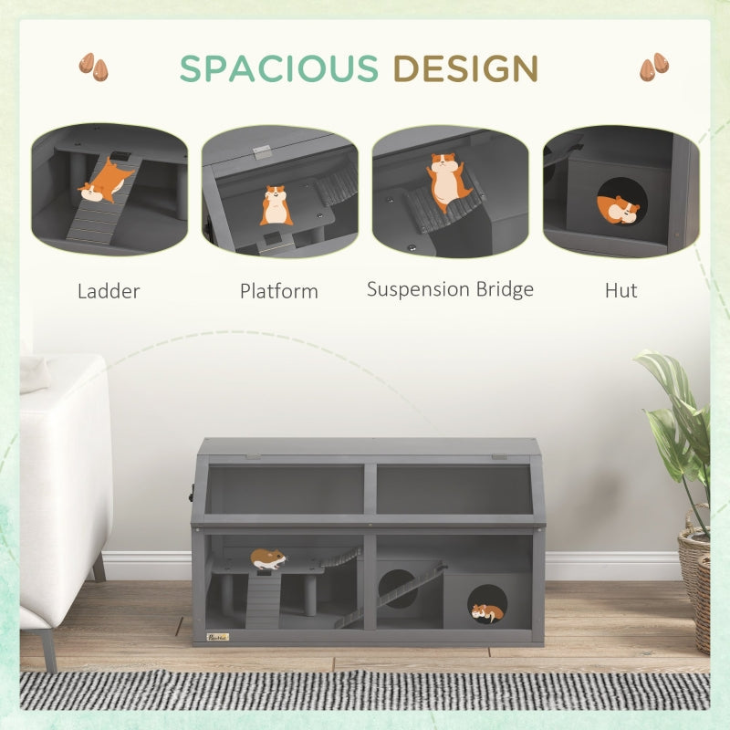 Hamster Cage, Small Animal Cage for Gerbils and Mice with Suspension Bridge and Openable Top, Wooden Grey