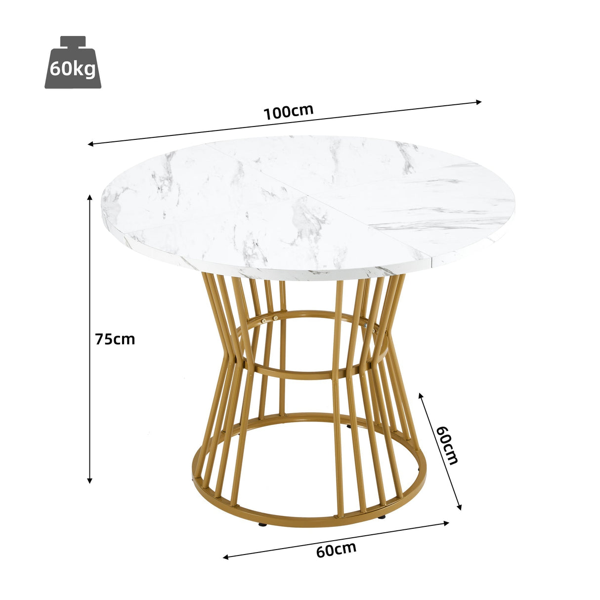 Dining Table Set (5-Piece) with 4 Chairs, Round 100 cm Diameter, Golden Metal Legs, White MDF Top, Green Velvet Chairs