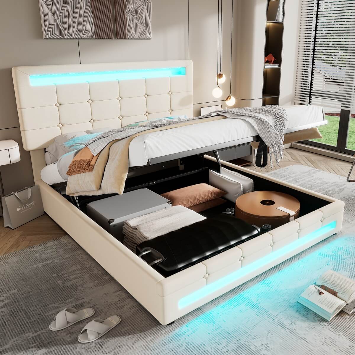4ft6 Double Velvet Hydraulic Storage Bed with LED Lights - Upholstered Bed Frame, Beige