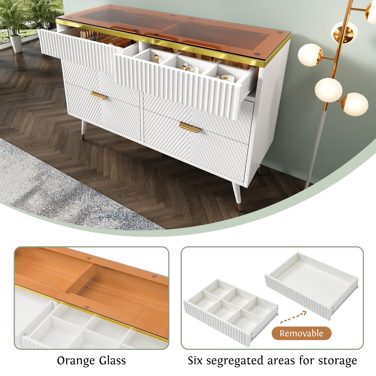 Sideboard Cabinet Dresser with 6 Drawers, Amber Glass, White