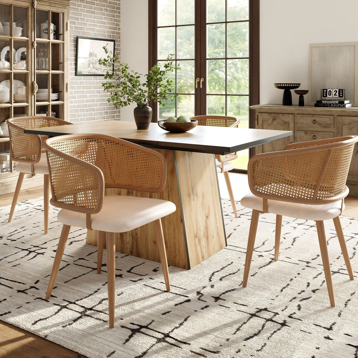 Modern Dining Chairs (4 pcs) with Rattan Backrest & PU Leather Seat, Beige
