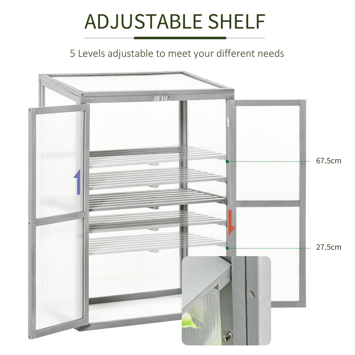 Wooden Cold Frame Greenhouse with Adjustable Shelf and Double Doors, Light Grey