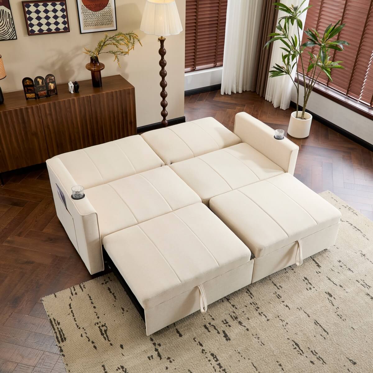 King Size Pull Out Sofa Bed - Convertible Fabric Sofa with Cup Holders and Side Pockets