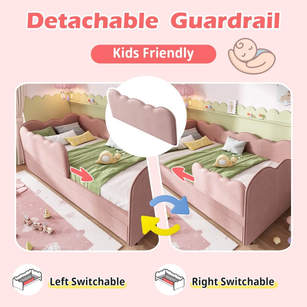 3ft Single Velvet Daybed with Pull-Out Trundle - Pink Upholstered Bed