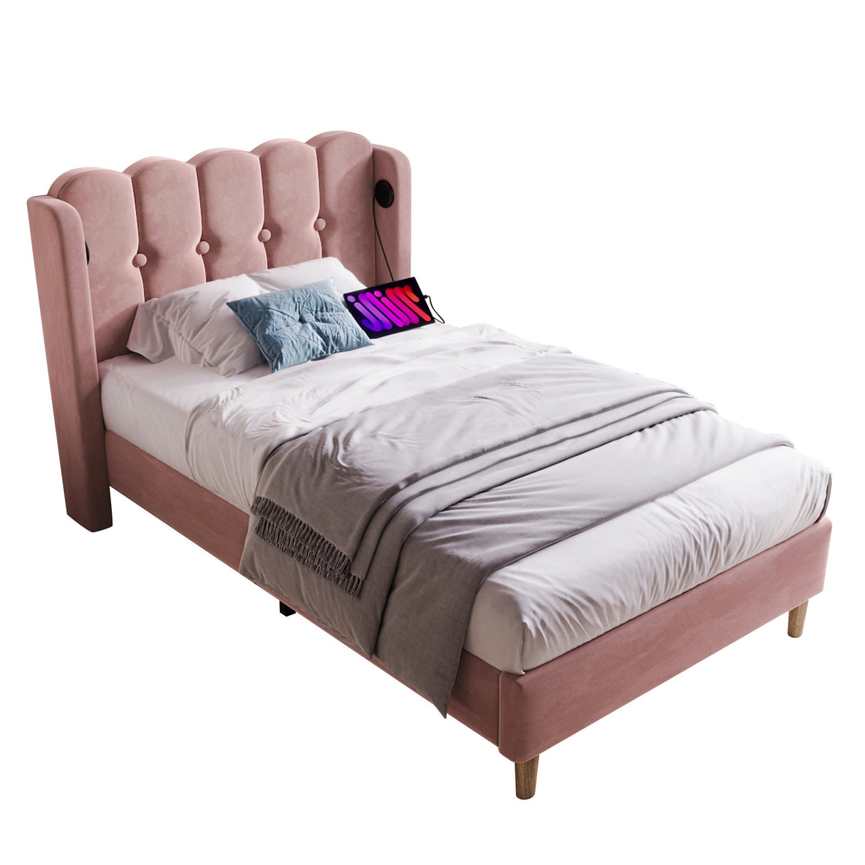 Upholstered Single Bed with USB and Type-C Charging, Pink, Velvet Material