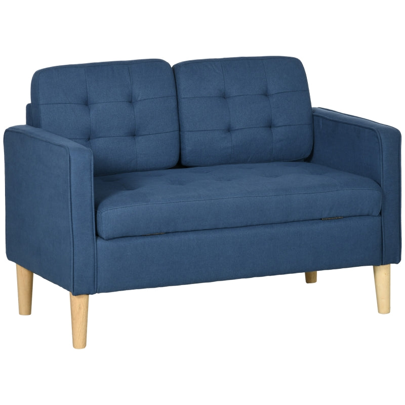 Modern Loveseat Sofa, Hidden Storage 2 Seater, Blue Cotton