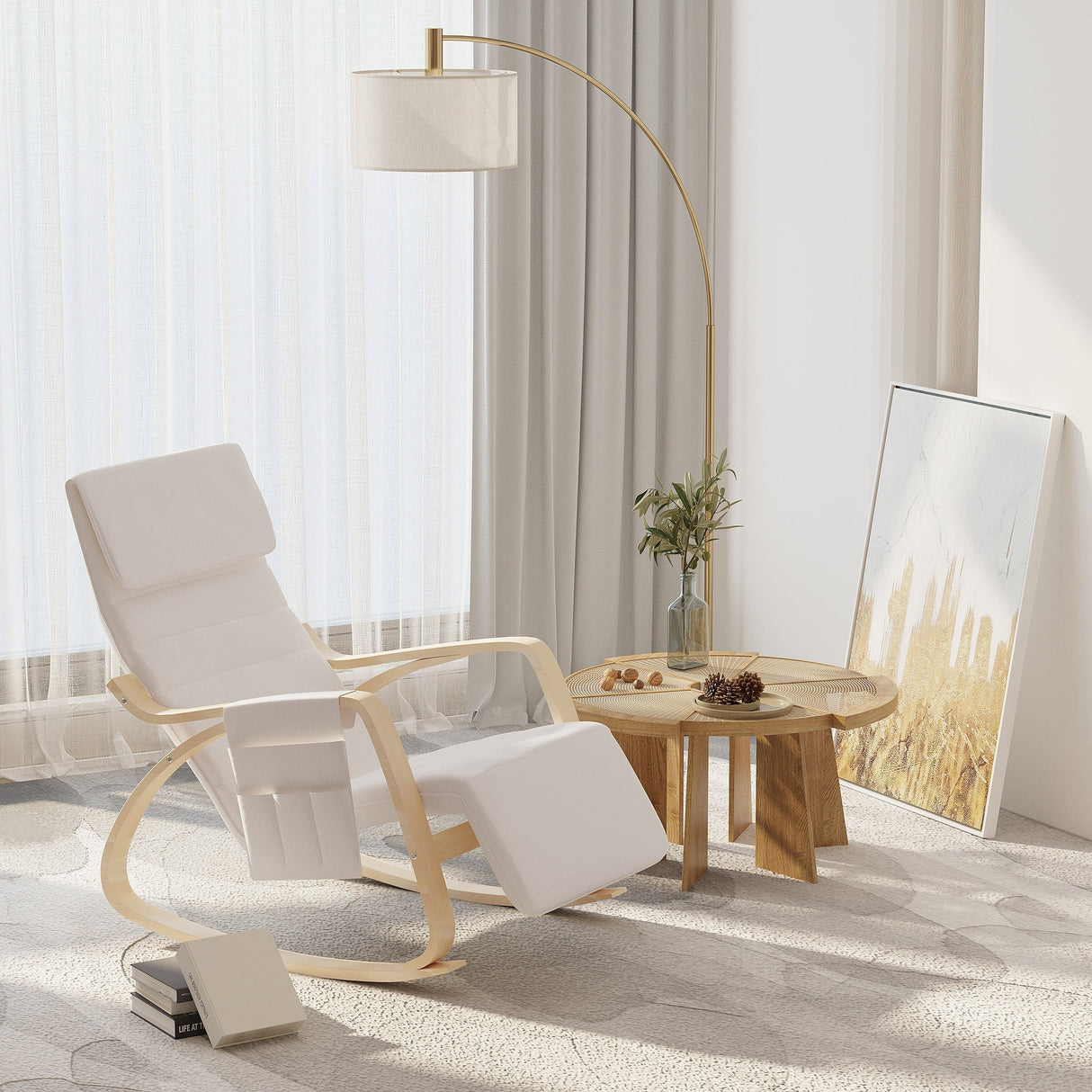 Rocking Lounge Chair Recliner with Adjustable Footrest, Side Pocket, Cream White