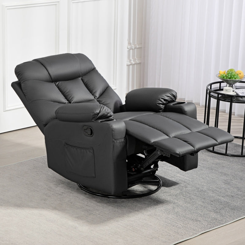 Manual Reclining Chair, Swivel Armchair with Footrest and Cup Holders, Black Faux Leather