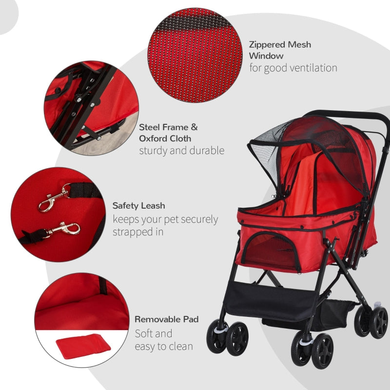Pet Stroller, Foldable Jogger, Reversible Handle, Red