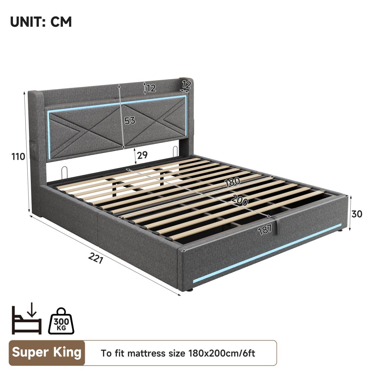 6ft Super King Ottoman Bed – Grey Linen Upholstered Bed Frame with Hydraulic Storage, LED Lighting and USB/Type-C Charging