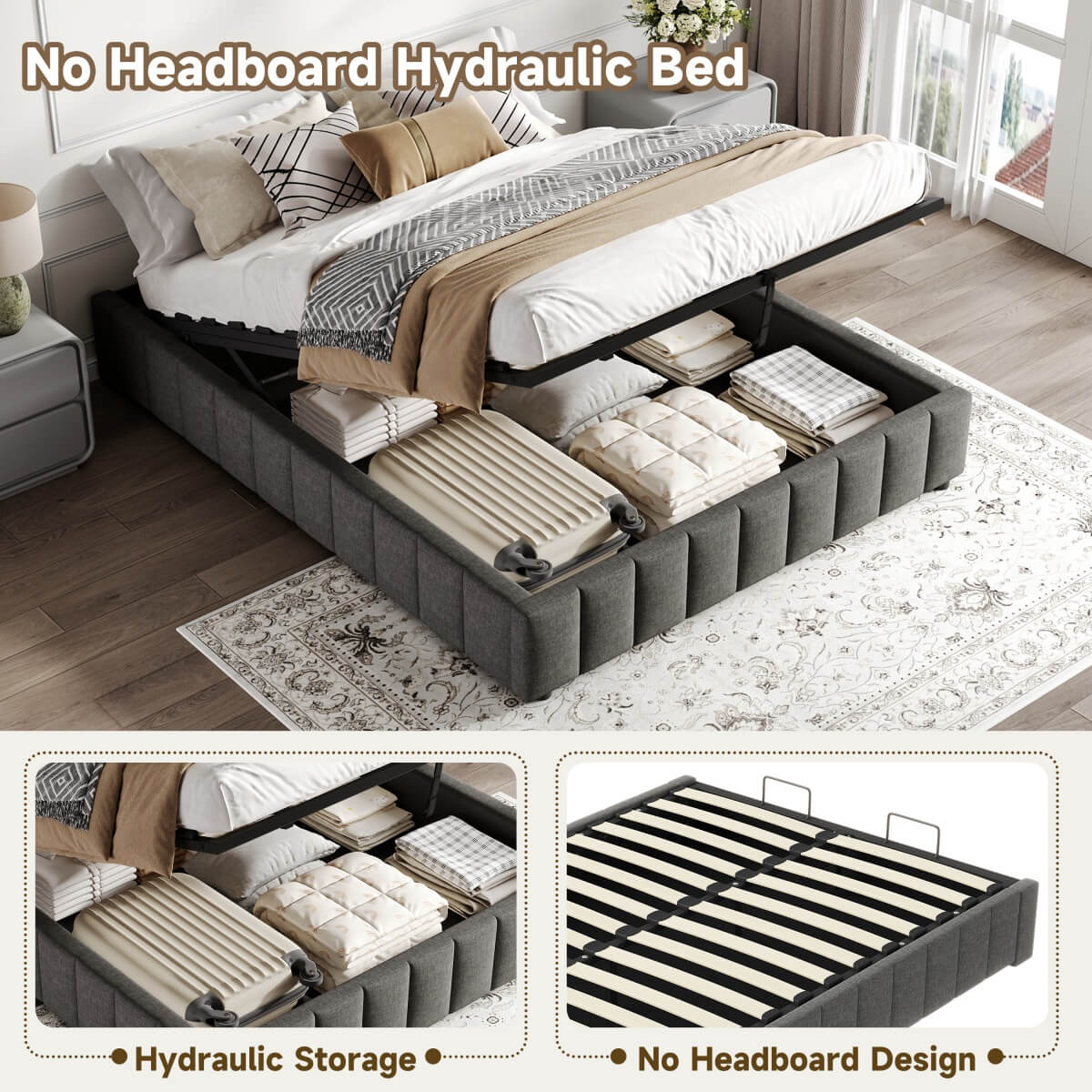 4ft6 Double Ottoman Storage Bed Frame Grey Linen – Hydraulic Lift Up Bed Base with Metal Frame