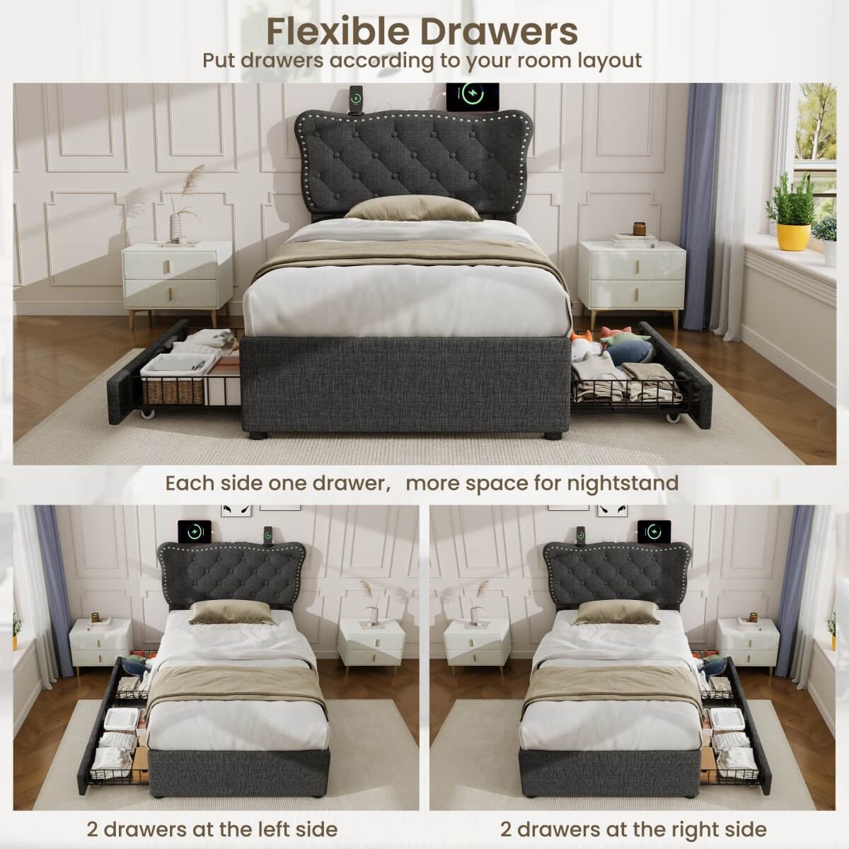 3ft Single Upholstered Bed - USB Charging, Storage Drawers, Adjustable Headboard