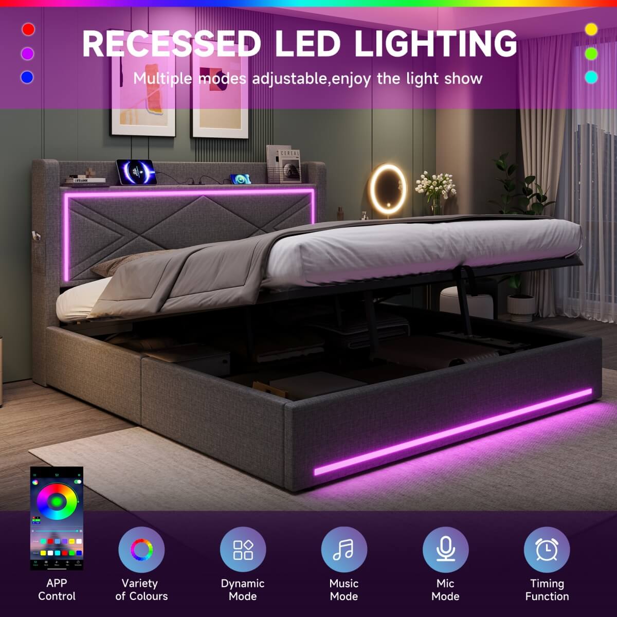 6ft Super King Ottoman Bed – Grey Linen Upholstered Bed Frame with Hydraulic Storage, LED Lighting and USB/Type-C Charging