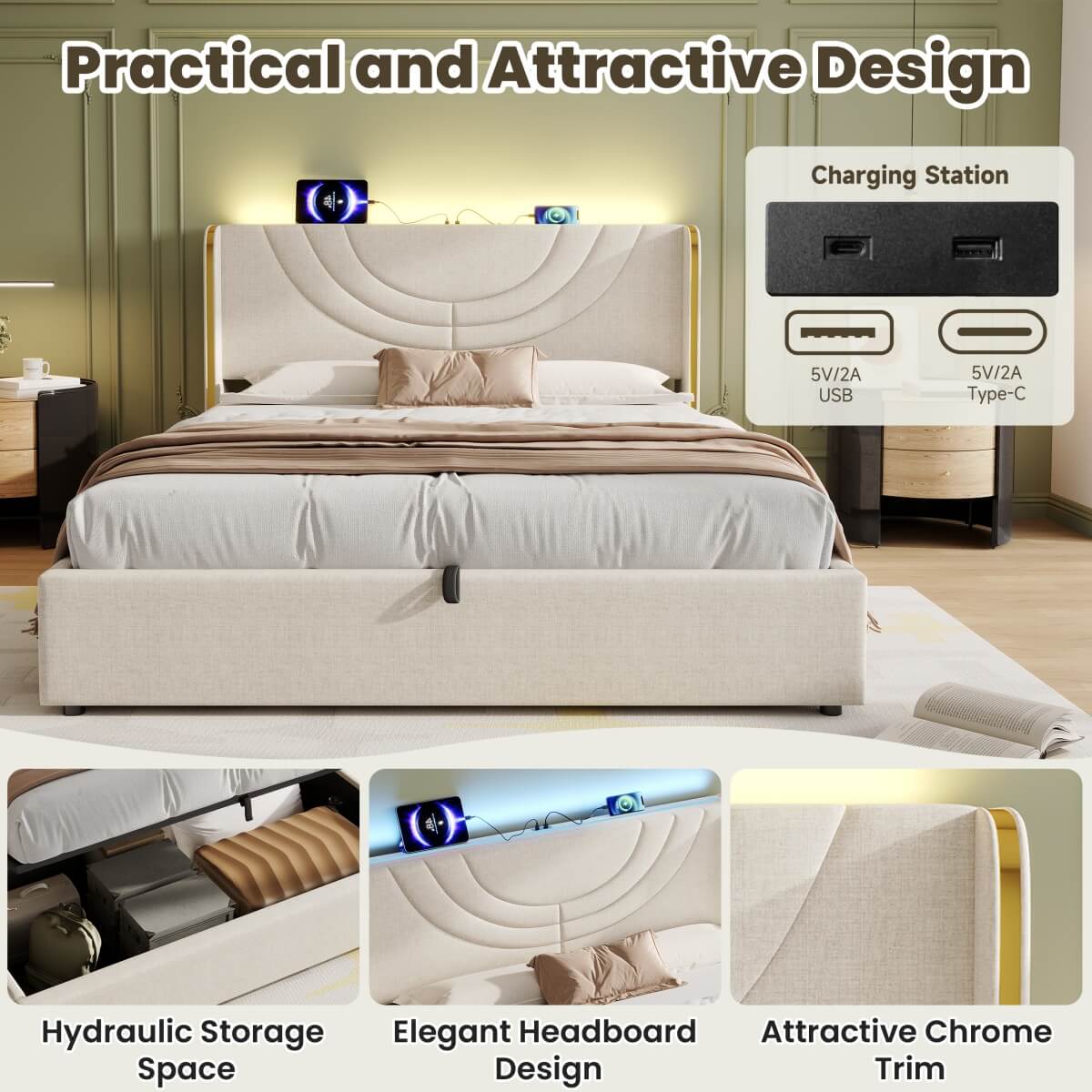 4ft6 Double Upholstered Bed Frame - Hydraulic Storage, LED Headboard with USB Charging, Beige Linen