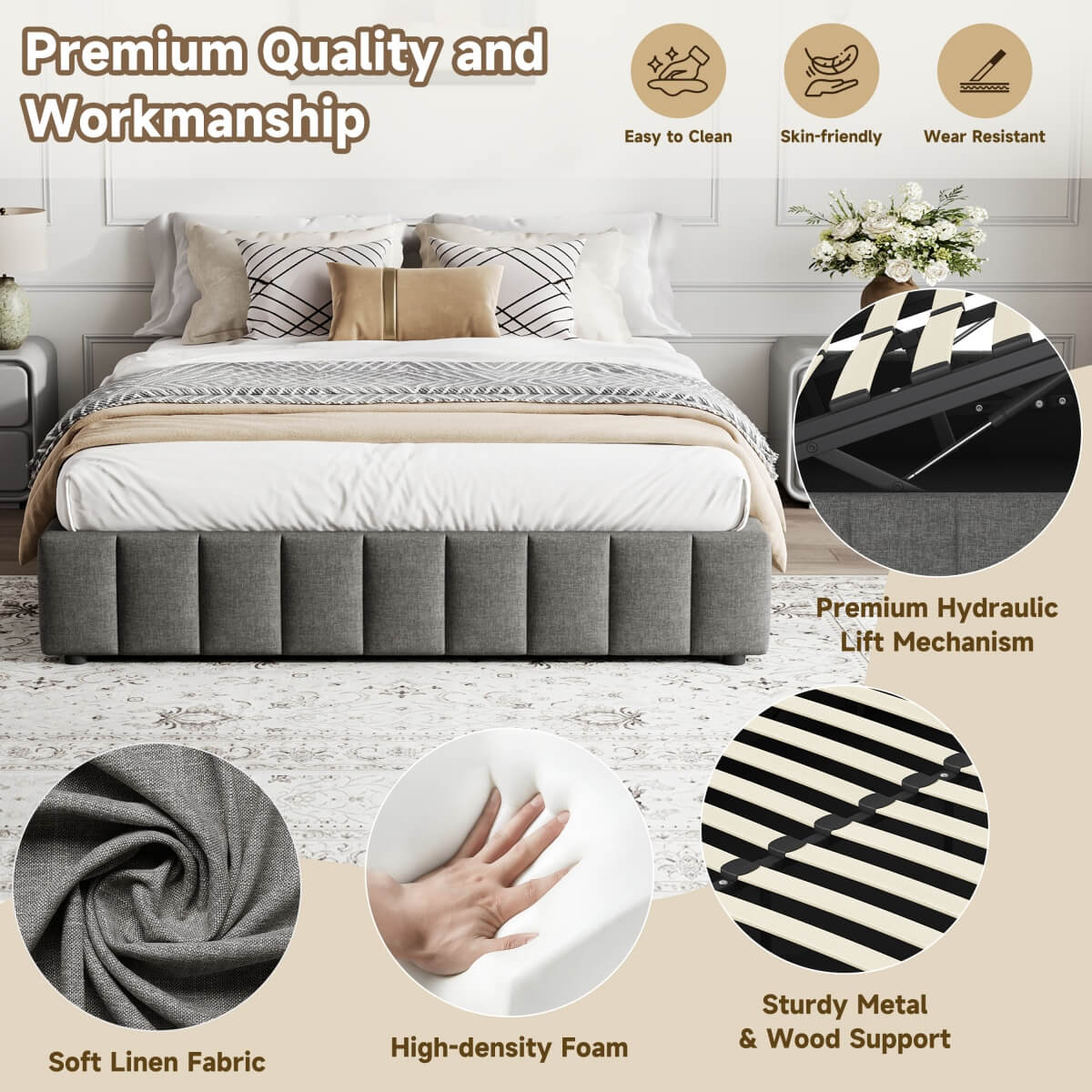 4ft6 Double Ottoman Storage Bed Frame Grey Linen – Hydraulic Lift Up Bed Base with Metal Frame