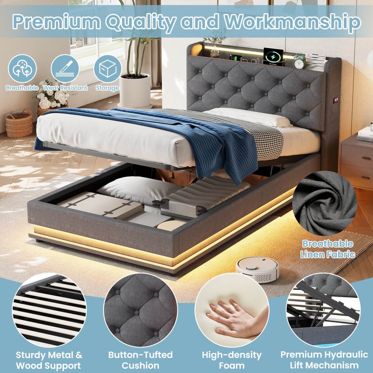 3ft Single Ottoman Bed with LED Headboard & Charging Station - Upholstered Storage Bed Frame, Grey
