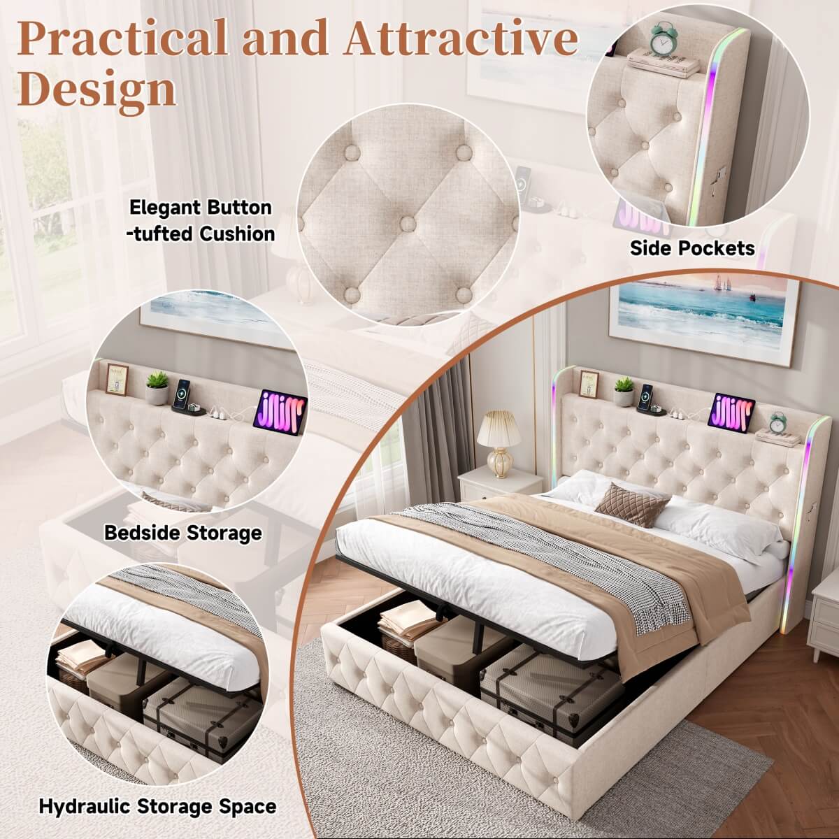 4ft6 Double Ottoman Storage Bed with LED Headboard & USB Charging - Upholstered Linen Bed