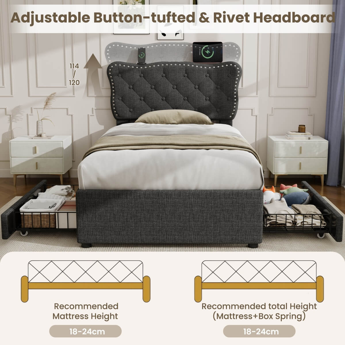3ft Single Upholstered Bed - USB Charging, Storage Drawers, Adjustable Headboard