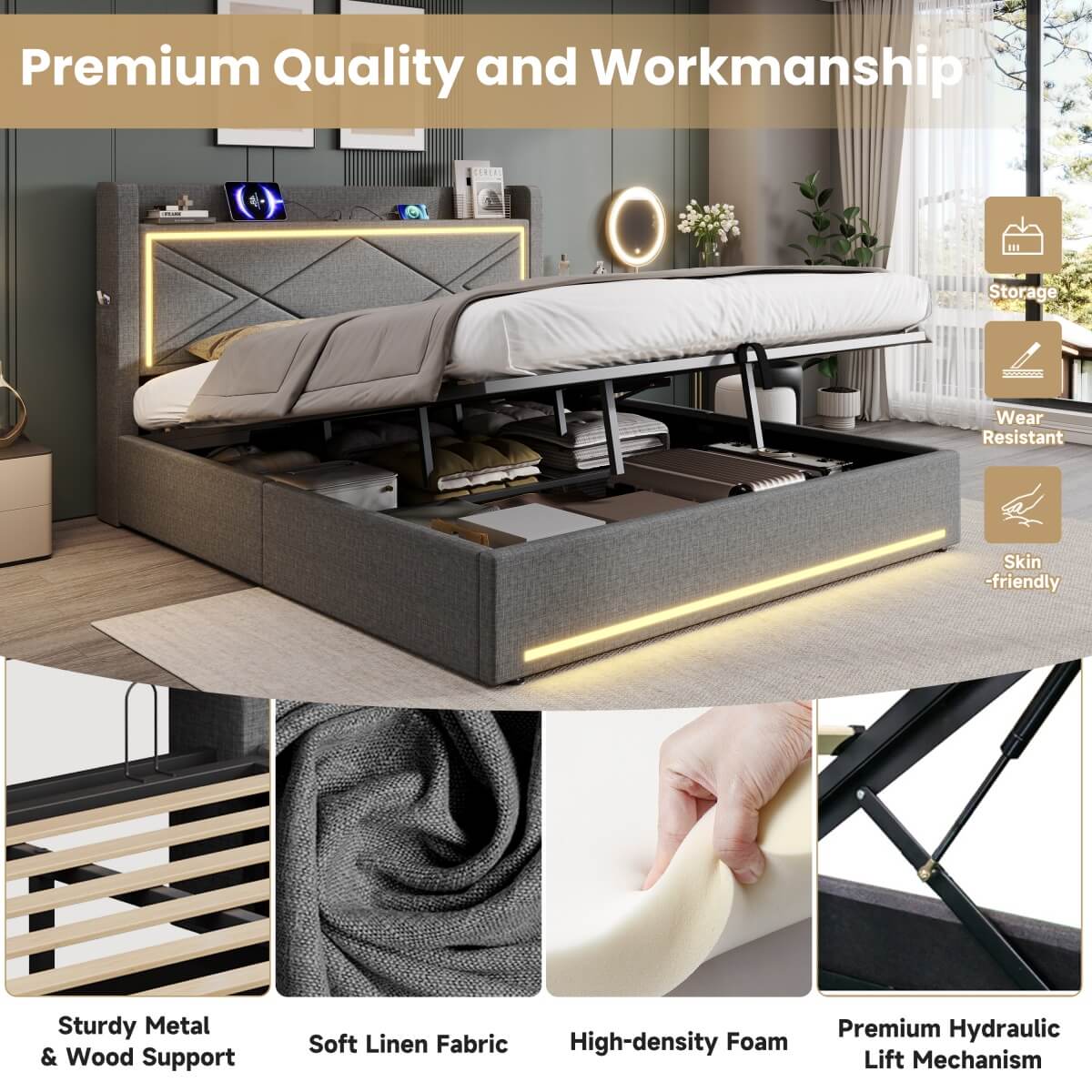6ft Super King Ottoman Bed – Grey Linen Upholstered Bed Frame with Hydraulic Storage, LED Lighting and USB/Type-C Charging