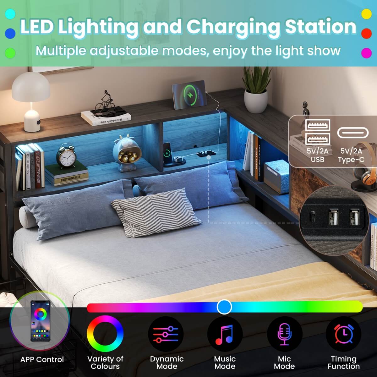 3ft Single Storage Bed with LED Lights & Charging Station - Metal and Wood Bed Frame with Drawers
