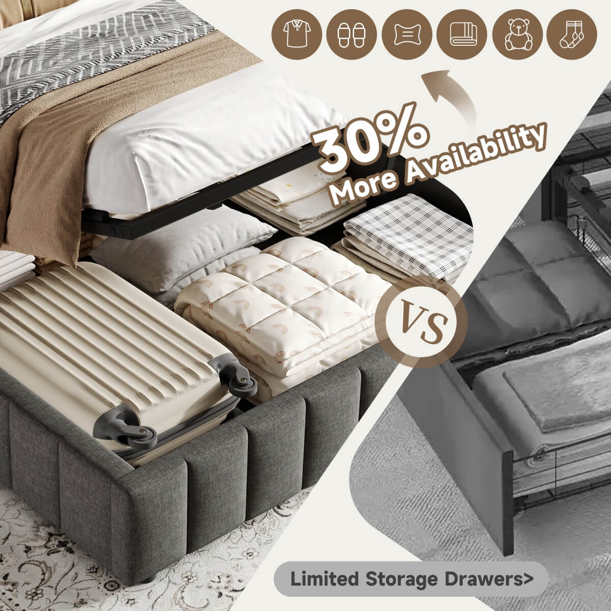 4ft6 Double Ottoman Storage Bed Frame Grey Linen – Hydraulic Lift Up Bed Base with Metal Frame