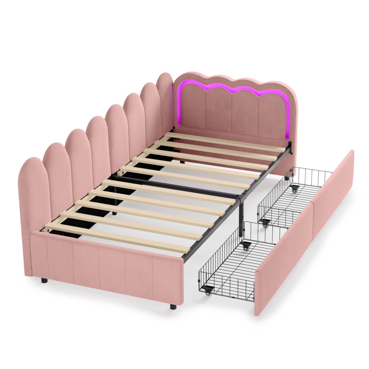 3ft Single Velvet Daybed - RGB LED Lights, 2 Storage Drawers, Scalloped Backrest, Pink