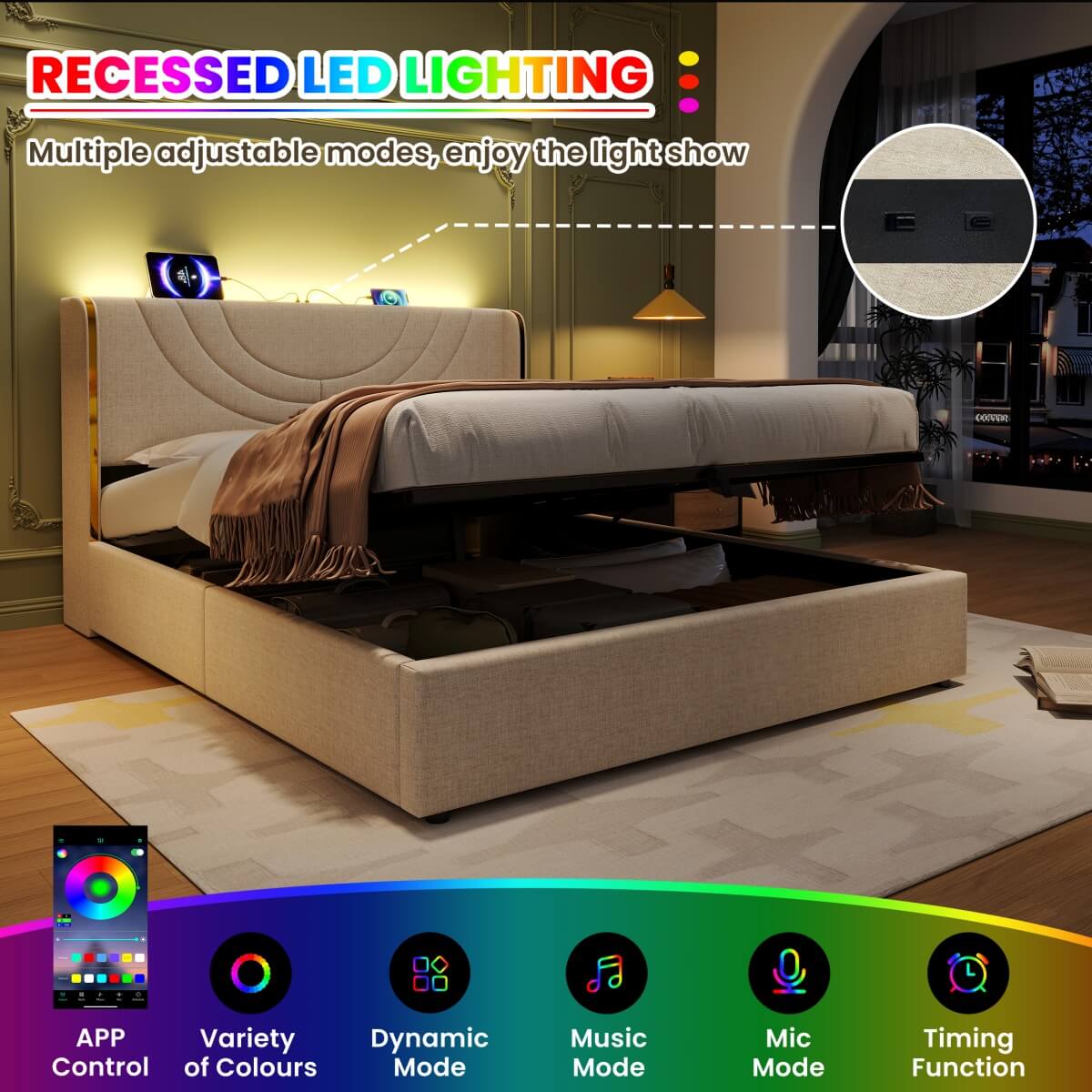 4ft6 Double Upholstered Bed Frame - Hydraulic Storage, LED Headboard with USB Charging, Beige Linen