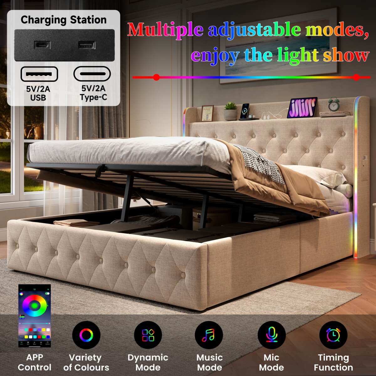 4ft6 Double Ottoman Storage Bed with LED Headboard & USB Charging - Upholstered Linen Bed
