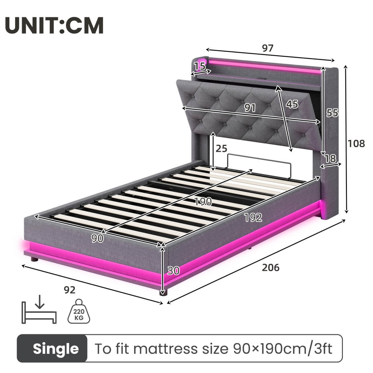 3ft Single Ottoman Bed with LED Headboard & Charging Station - Upholstered Storage Bed Frame, Grey