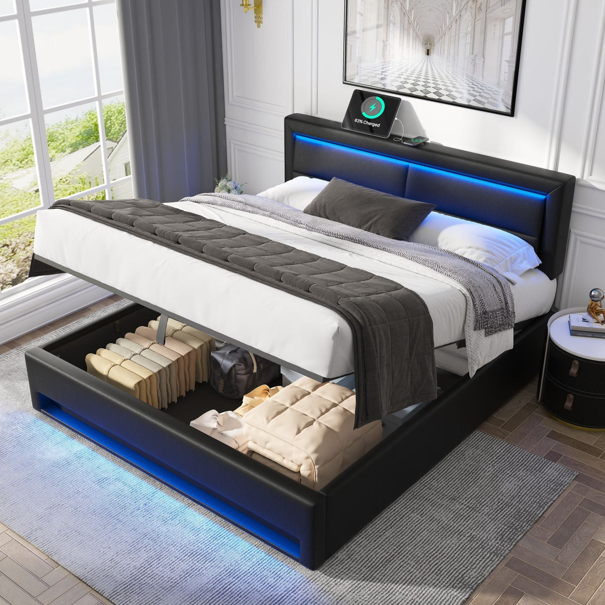 Upholstered bed 180 x 200 cm, Super King Size Bed-6ft,with USB port (supports wireless and wired charging), with LED lighting and storage space, without mattress, PU lychee pattern, black